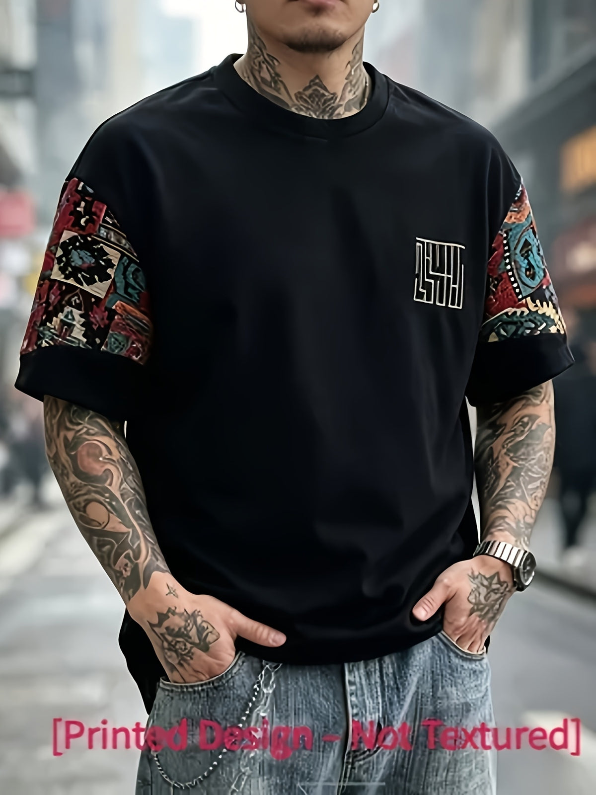 Men's Plus Size Ethnic Print T-Shirt - Crew Neck Short Sleeve Athletic Shirt Suitable for Jogging, Gym & Casual Wear, Breathable Regular Fit for Daily Sports & Outdoor Activities, Machine Washable - Black