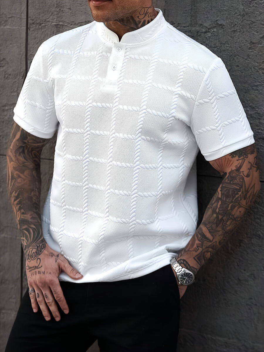 New Cross-Border Men'S Fashion Summer Casual Sports Short-Sleeved Small Stand-Up Collar Henley Shirt - White