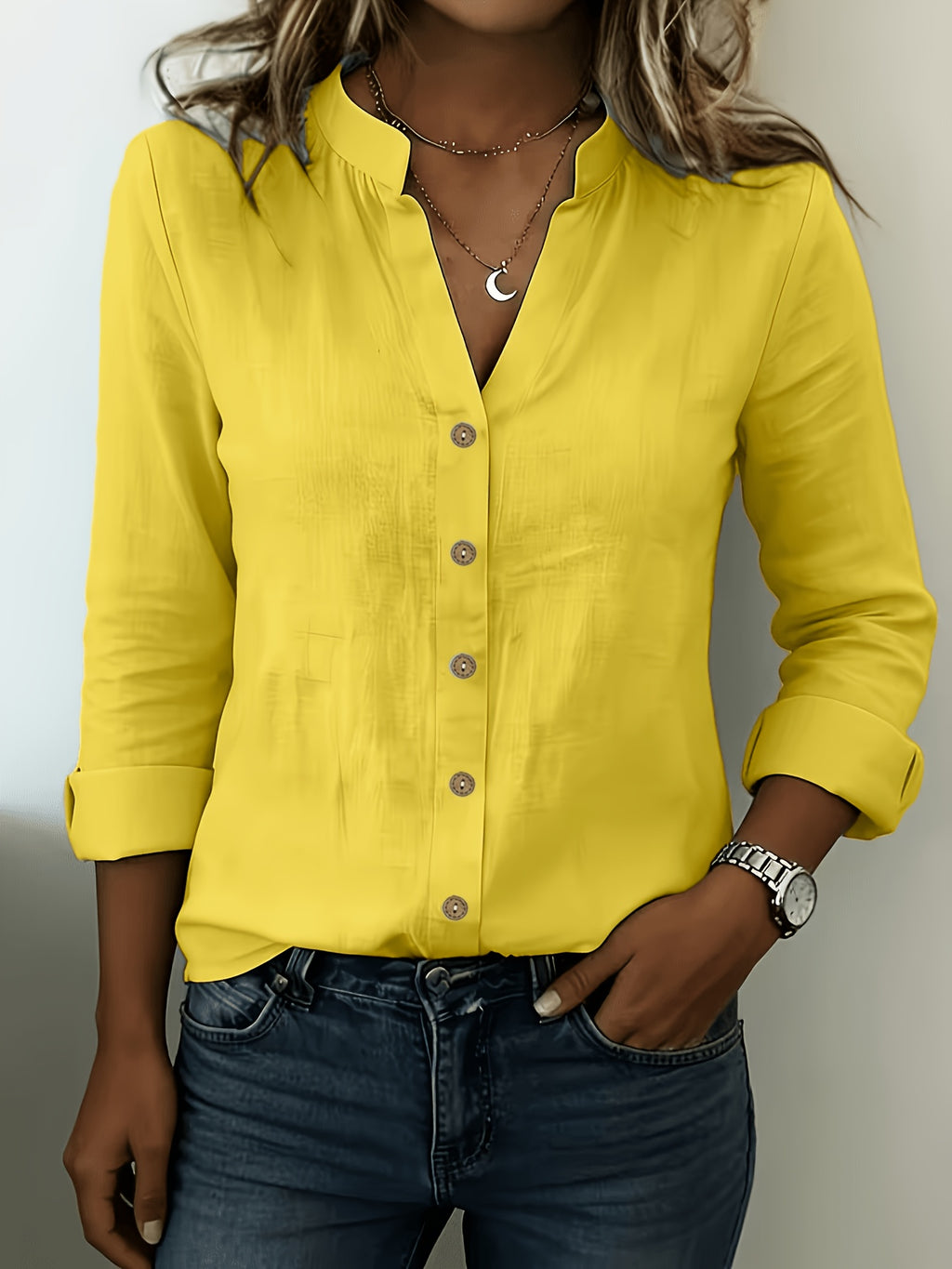According ToFashionable V-neck Bamboo-joint Style Women's Long-sleeved Shirt - Yellow
