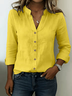 According ToFashionable V-neck Bamboo-joint Style Women's Long-sleeved Shirt - Yellow