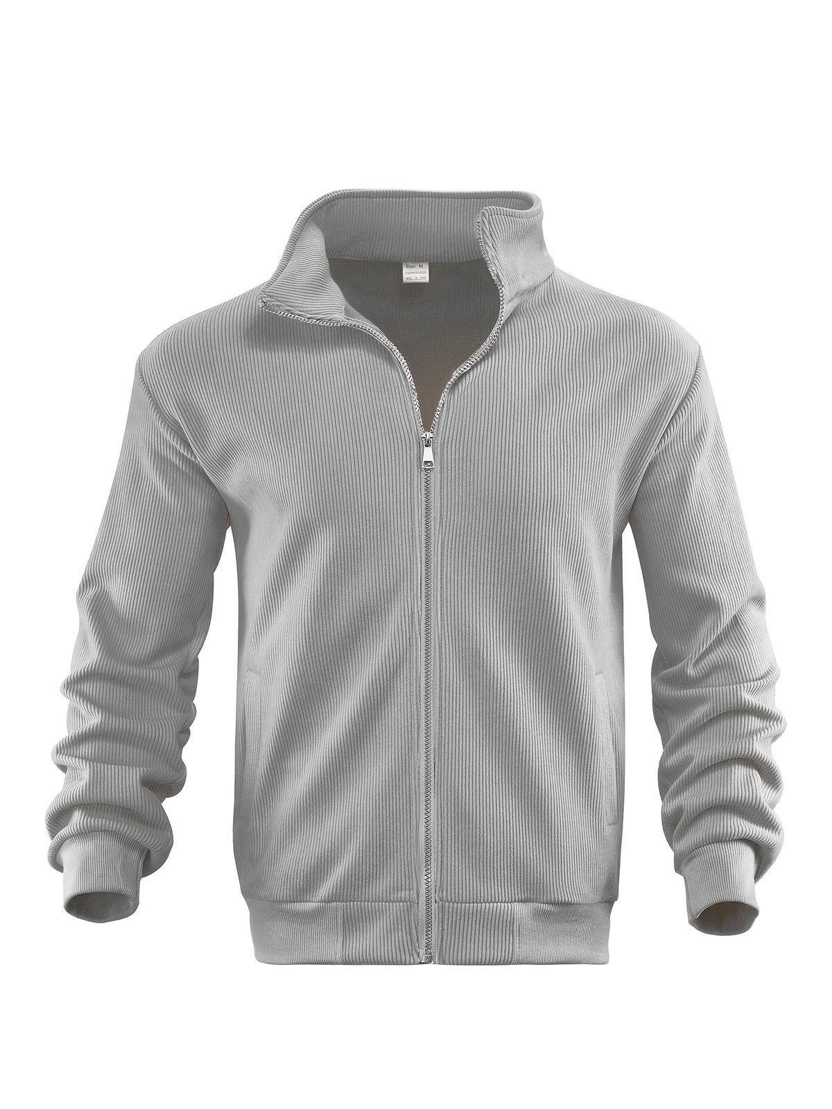 Men's Corduroy Full-Zip Stand Collar Jacket, Soft Vertical Rib Texture Corduroy Casual Full-Zip Outerwear, Ribbed Cuffs and Hem, Side Insert Pockets, Loose Fit Cut, Lightweight and Warm Jacket, Suitable for Autumn/Winter Daily Wear, Street Outings - Space Gray