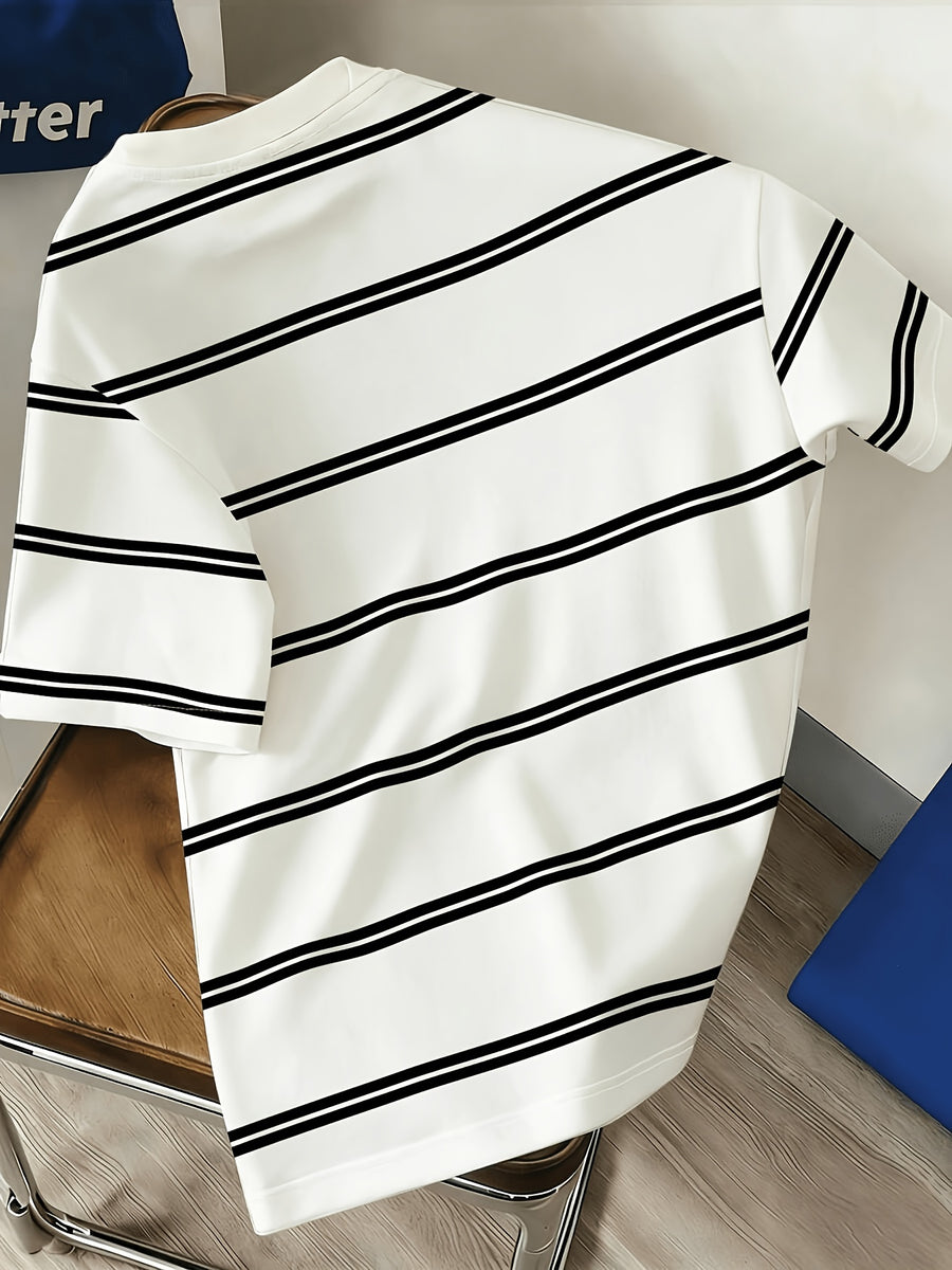 Men's American Classic Black and White Striped Short-Sleeve T-Shirt with English Print on the Chest, Trendy Top - Black