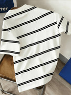 Men's American Classic Black and White Striped Short-Sleeve T-Shirt with English Print on the Chest, Trendy Top - Black
