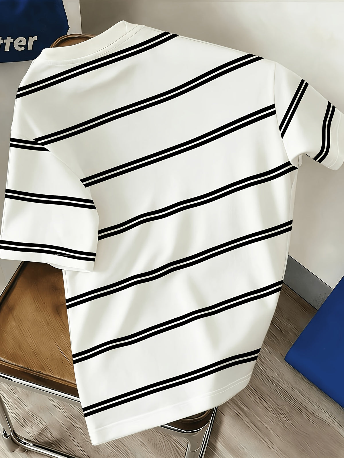 Men's American Classic Black and White Striped Short-Sleeve T-Shirt with English Print on the Chest, Trendy Top - Black