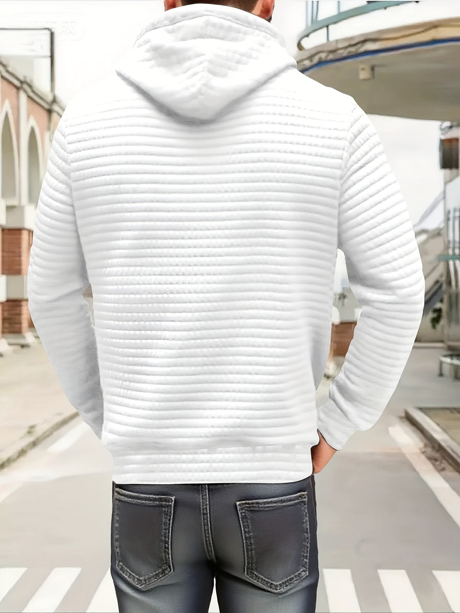 Men's Spring, Autumn, Winter Casual Sporty Kangaroo Pocket Hooded Pullover Sweatshirt, Waffle Knit, Comfortable, Breathable, Versatile Long-Sleeve Top - White