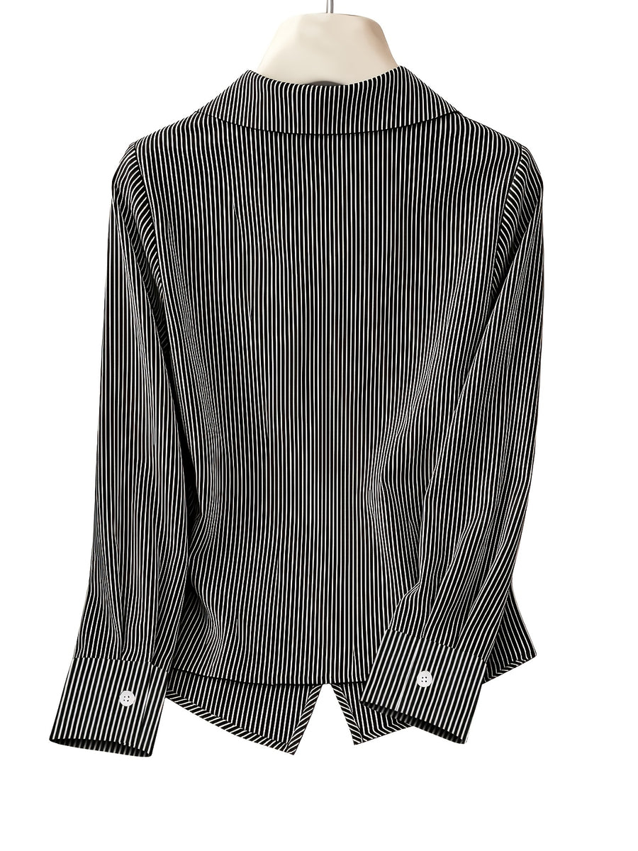 Stylish Long-sleeved Womens Shirt a New Luxuryversatile Top That Helps to Conceal Body Flaws and Create a Slimmer Appearancestripedtiedback Shirt for Women. - Black