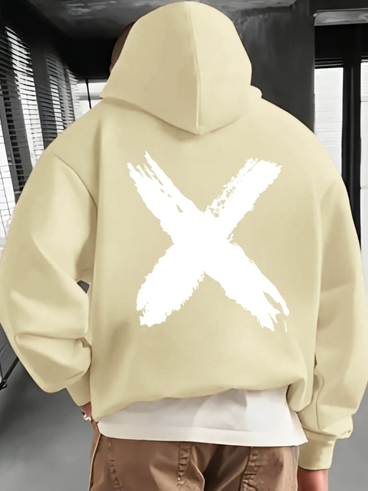 Men's Fashionable Hoodie, Loose-fit Casual Top with "X" Letter Print, Long-sleeve Sweatshirt Featuring a Kangaroo Pocket, Made of Casual Polyester Knit Fabric, Machine Washable, Suitable for Outdoor Casual Wear - Apricot