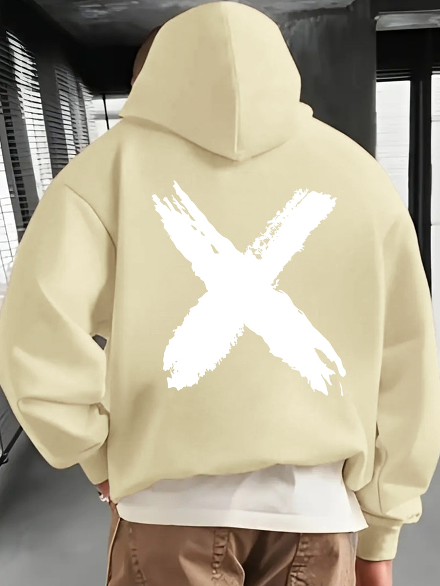 Men's Fashionable Hoodie, Loose-fit Casual Top with "X" Letter Print, Long-sleeve Sweatshirt Featuring a Kangaroo Pocket, Made of Casual Polyester Knit Fabric, Machine Washable, Suitable for Outdoor Casual Wear - Apricot