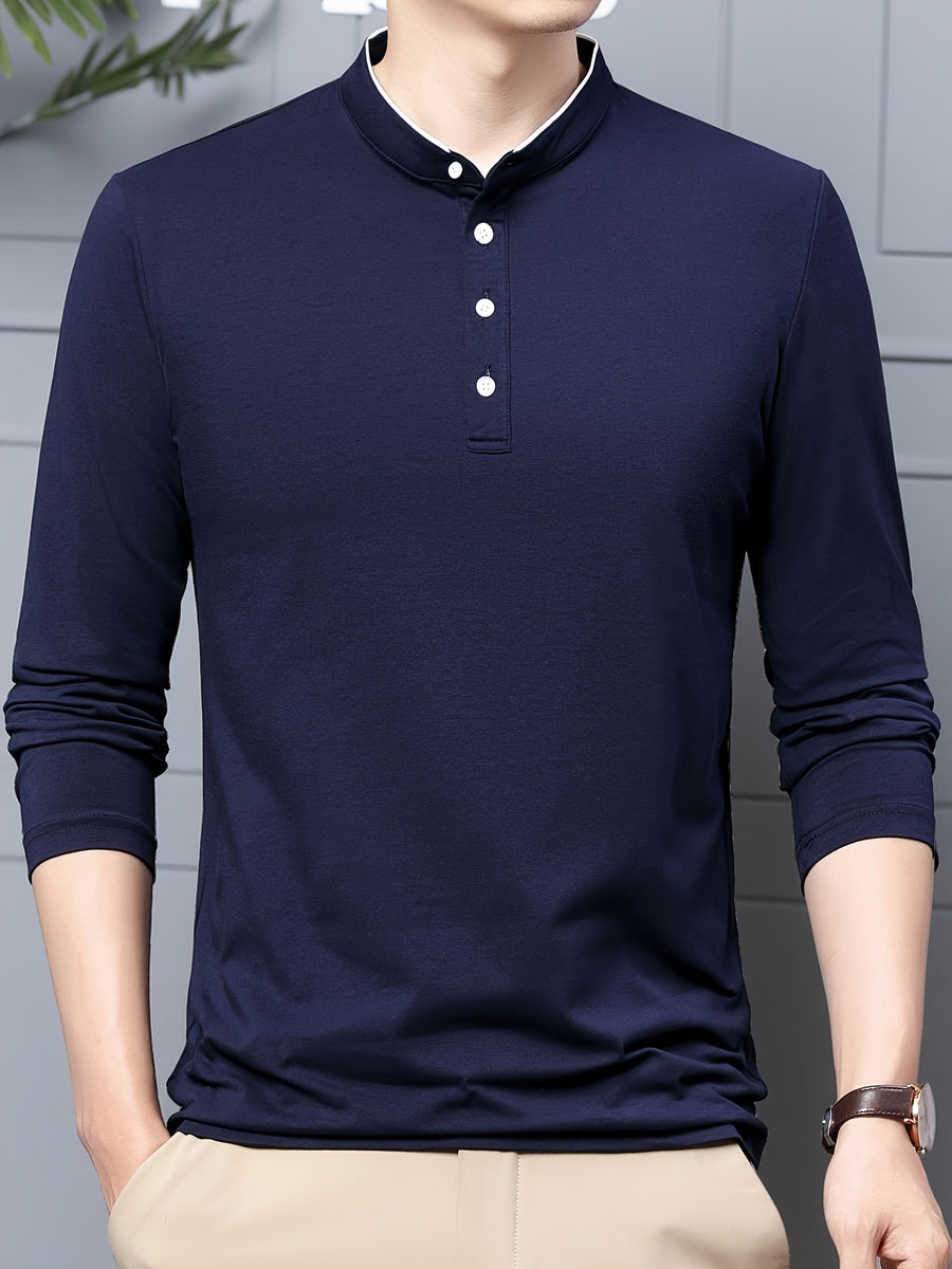 New Spring/Autumn Men's Stand Collar Long Sleeve T-Shirt, Casual Business, Dad's Outfit, Pure Top, Holiday Gift - Navy Color