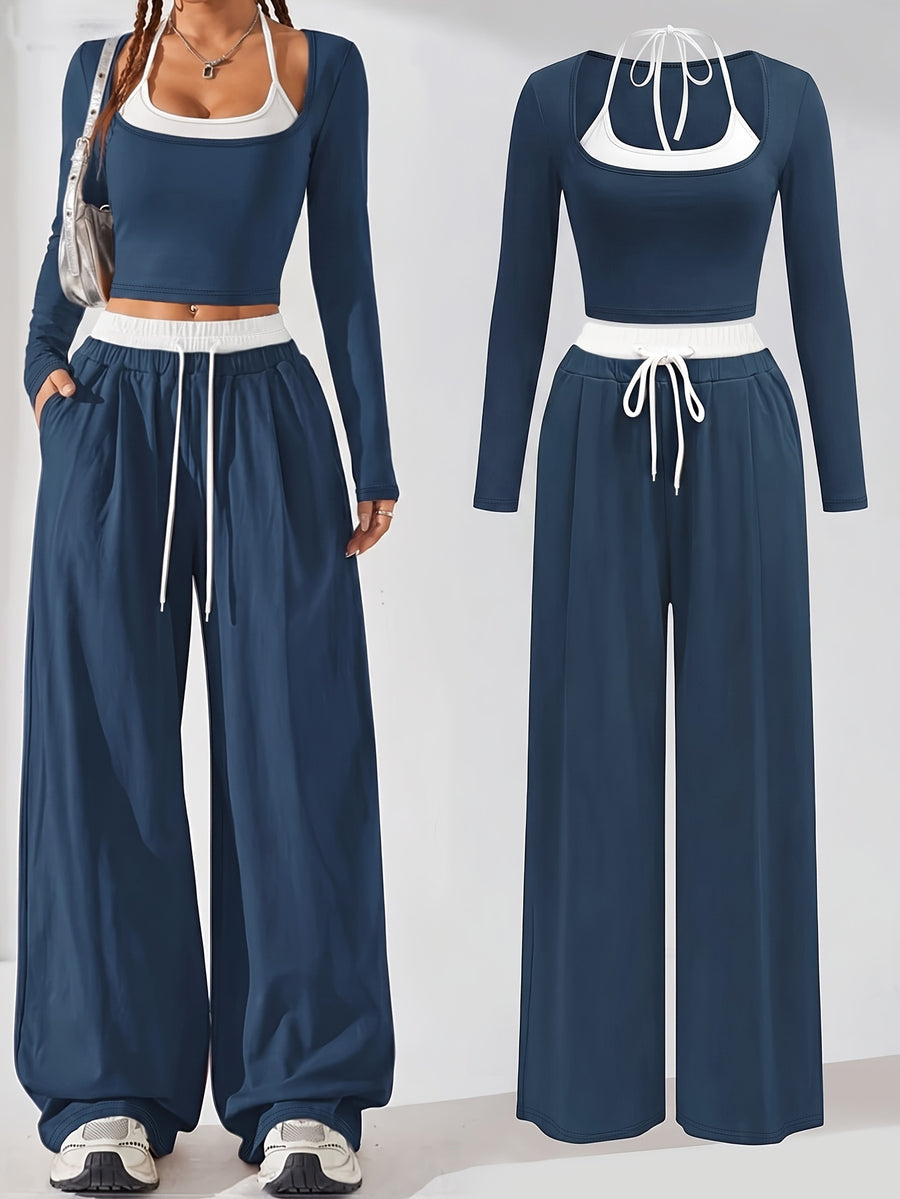 2-in-1 Color Block Look Halter Neck Long Sleeve Set, Slim Fit Crop Top with High-Waist Flowy Wide-Leg Pants, Casual Sporty Loungewear 2pcs Set - Navy Color