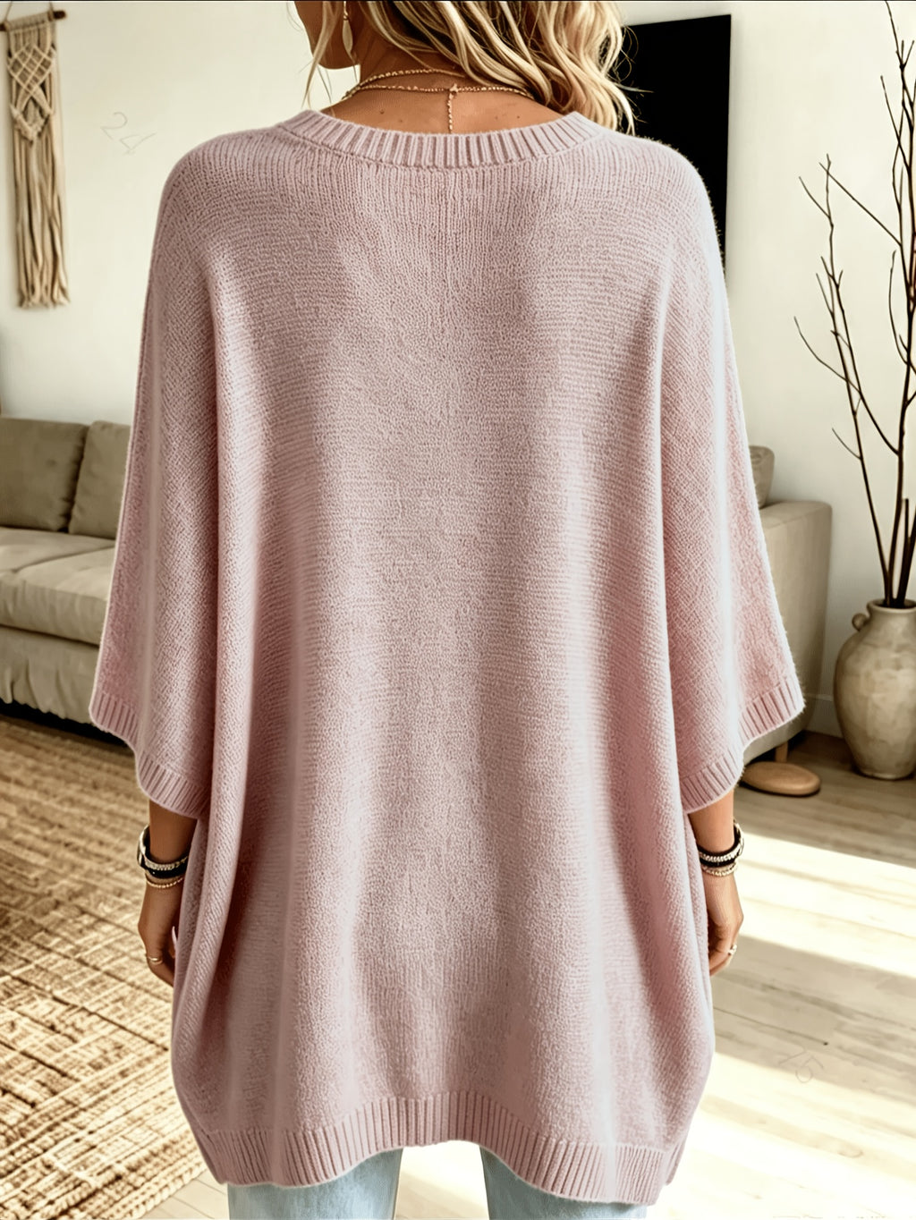 Plus Size, Women's Spring/Autumn Elegant Casual Cute Sexy Middle Eastern Style Spring/Autumn/Winter Solid Color Round Neck Batwing Sleeve Split Hem Irregular Loose Soft Warm Shawl Cape Pullover Sweater Top - Pink Color