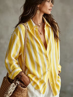 Vintage Vertical Striped Shirt, Women'S Loose Lapel Casual Versatile Open Front Top - Yellow