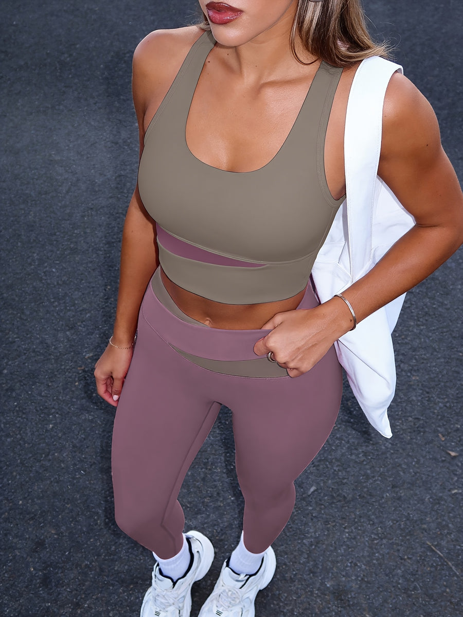 Women's 2pcs Set: Color-Block Bra and High-Waist Leggings, Street Style with an Instagram Vibe, Suitable for Daily Wear and Casual Gatherings. Recommended to Size Up. - Light Pink+purple