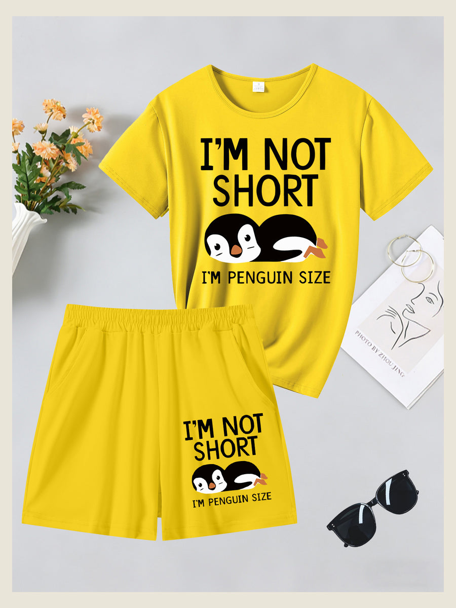 2pcs Women'S Summer Short Sleeve Set - I'M NOT SHORT Fun Penguin Print Short Sleeve And Shorts Outfit, Comfortable, Soft, Breathable Sportswear for Daily Wear, Suitable For, Campus, Valentine'S Day, Women'S Pajamas, Jogging, Fitness - Yellow+yellow