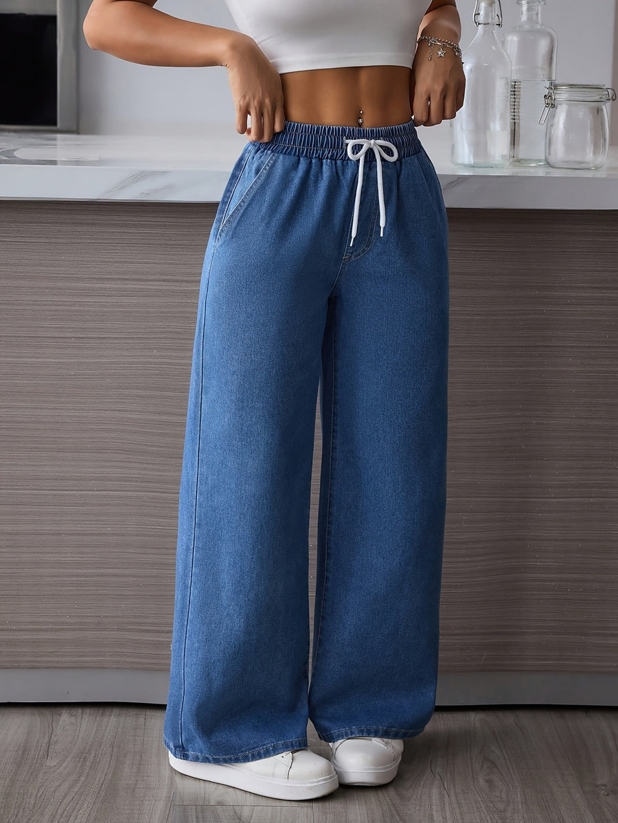 Short/Shorter Height High-Waisted Wide-Leg Straight-Leg Pants - Beltless Drawstring Waist, Loose Casual Jeans for - Wear, Full-Length Length (Machine Washable) - Straight-Cut for /Flats/ - Light Blue