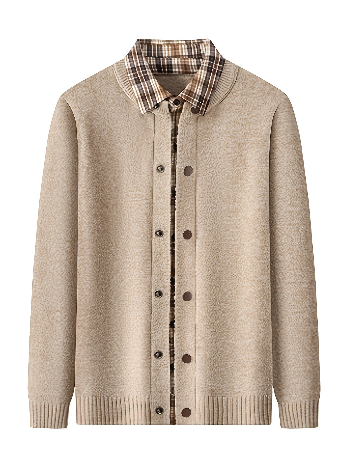 Men'S Button-Polo Sweater Jacket, Soft Elastic Long Sleeve Open-Front Pullover Coat, Anti-Pilling Business Casual Solid Color Outerwear, Men'S Work-Use Jacket, Daily Work Scene Wear, Business Commute Suitable, Ideal for Autumn And Winter, Knit - Beige Camel