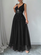 Summer Women'S Elegant Dress Mesh Stitching White Bubble Bead Multi-Layer Super Large Swing Sleeveless Summer Long Evening Dress Suitable for Party Dinner Wedding Wear Elegant Dress Wedding Party Dress - Black