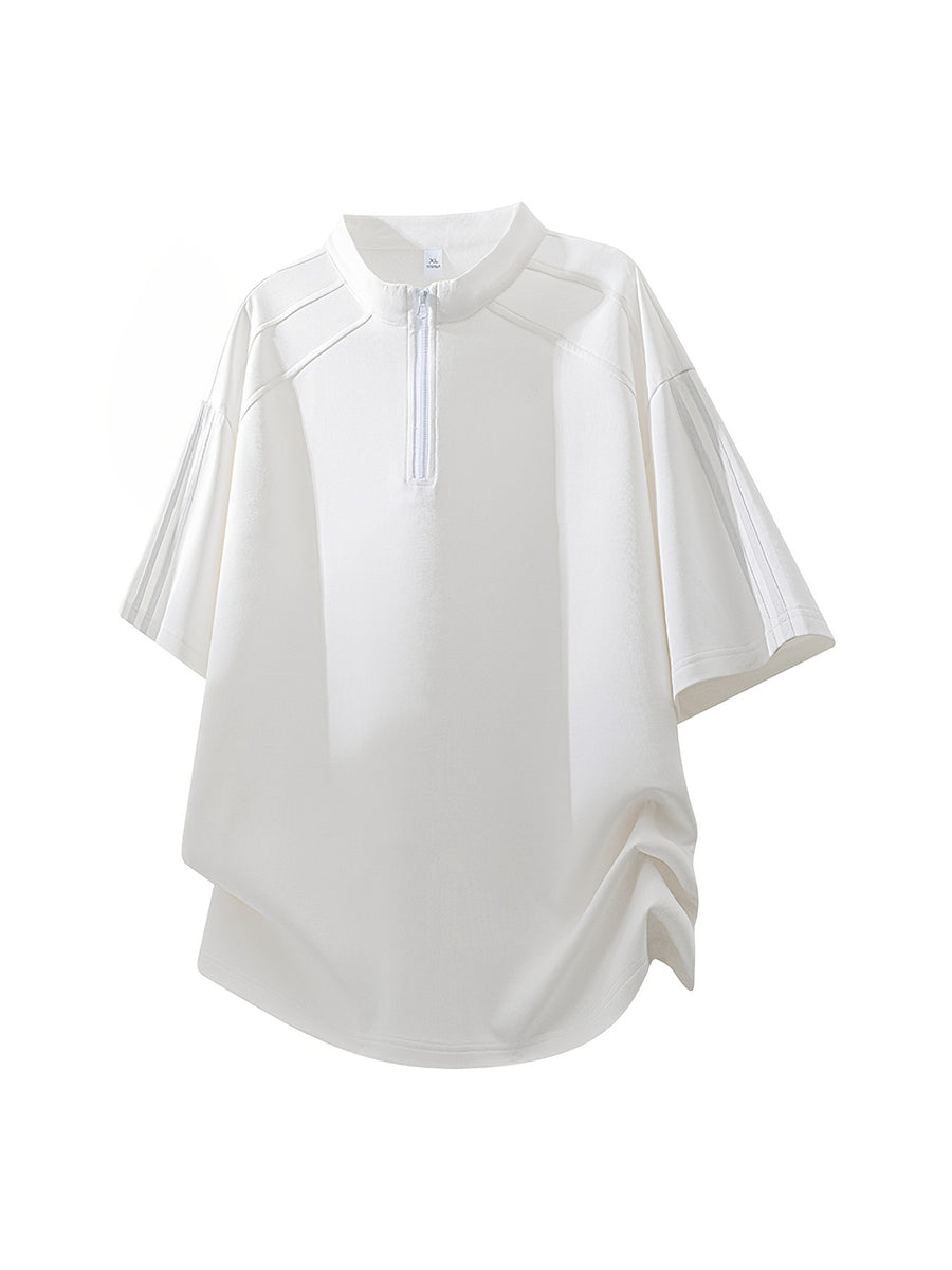 Men'S Summer Striped Half-Zipper Short Sleeve T-Shirt Trendy Brand Loose Casual Breathable Short Sleeve Top - White