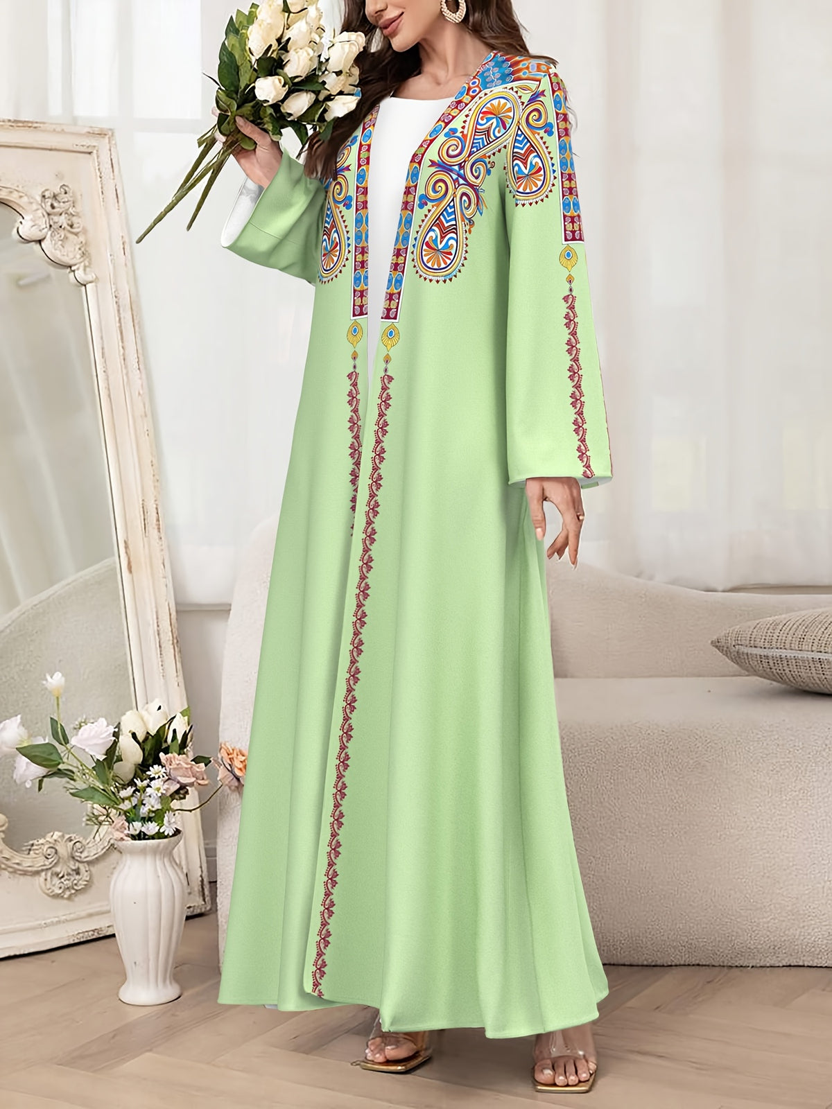 Middle East Dubai Muslim Abaya Robe Women'S Fashion Floral Print Loose Long Cardigan Elegant Outerwear - Mixed colors