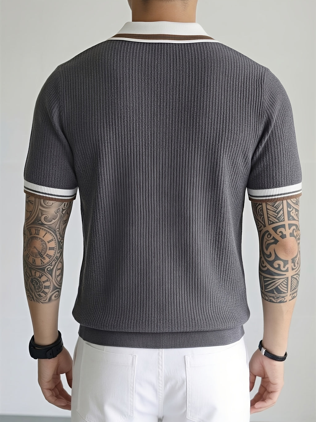 2pcs Men'S Textured Knit Polo Shirt Set, Contrast Striped Lapel V-Neck Breathable Preppy Golf Knit Short Sleeve - Gray + Gray
