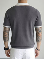 2pcs Men'S Textured Knit Polo Shirt Set, Contrast Striped Lapel V-Neck Breathable Preppy Golf Knit Short Sleeve - Gray + Gray