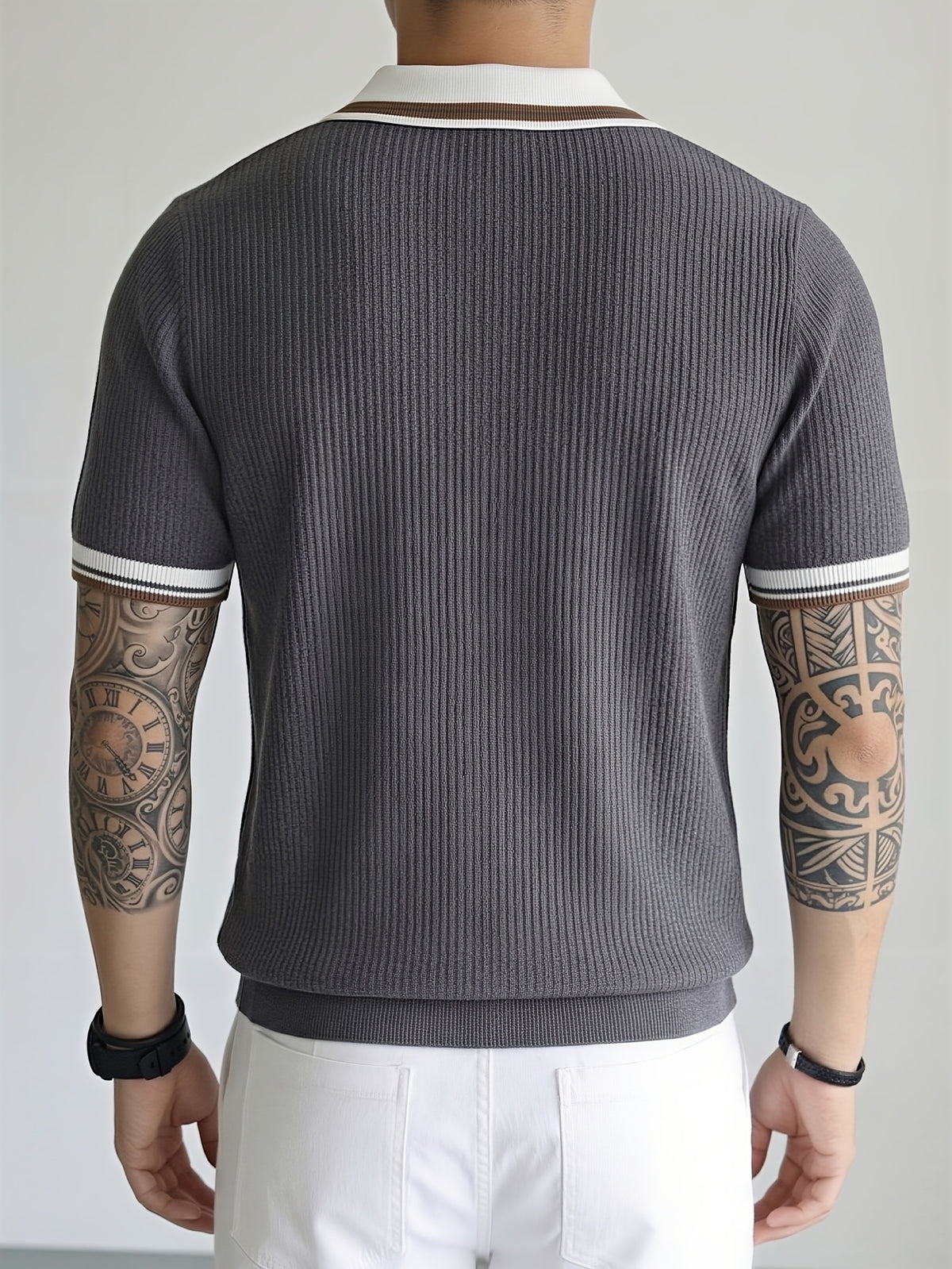 2pcs Men'S Textured Knit Polo Shirt Set, Contrast Striped Lapel V-Neck Breathable Preppy Golf Knit Short Sleeve - Gray + Gray