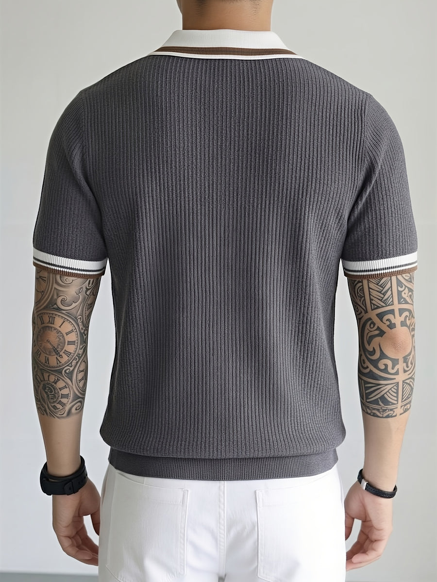 2pcs Men'S Textured Knit Polo Shirt Set, Contrast Striped Lapel V-Neck Breathable Preppy Golf Knit Short Sleeve - Gray + Gray