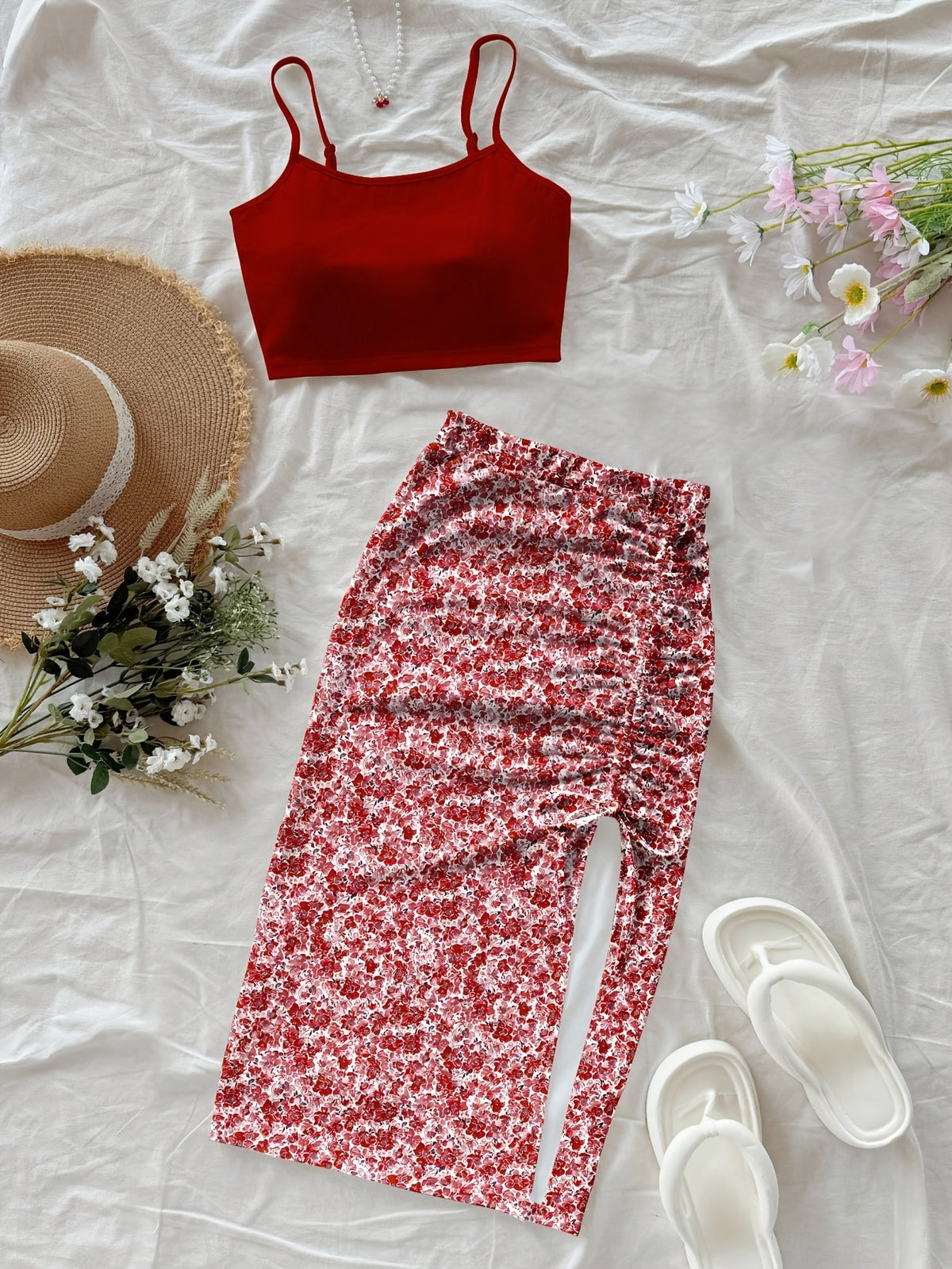 Women's Fashion Casual Floral Print Crop Camisole Top and Bodycon Skirt 2pcs Set - Burgundy