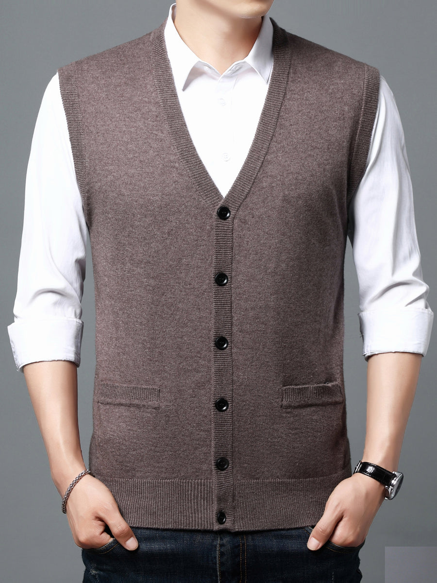 Autumn Winter Men'S Knit Cardigan Vest Men'S Casual Solid Color Pocketed Knit Vest Men'S V-Neck Open Front Sleeveless Sweater - Coffee Brown