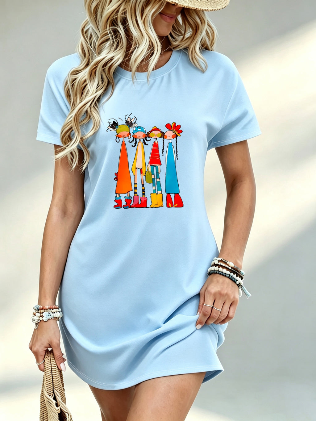 Printed Design - Not Textured, Casual Style, Women's Dress, Colorful Graphic Print, Summer Beach Outing, Gift for Friend Or Sister, 100% Polyester - Sky Blue