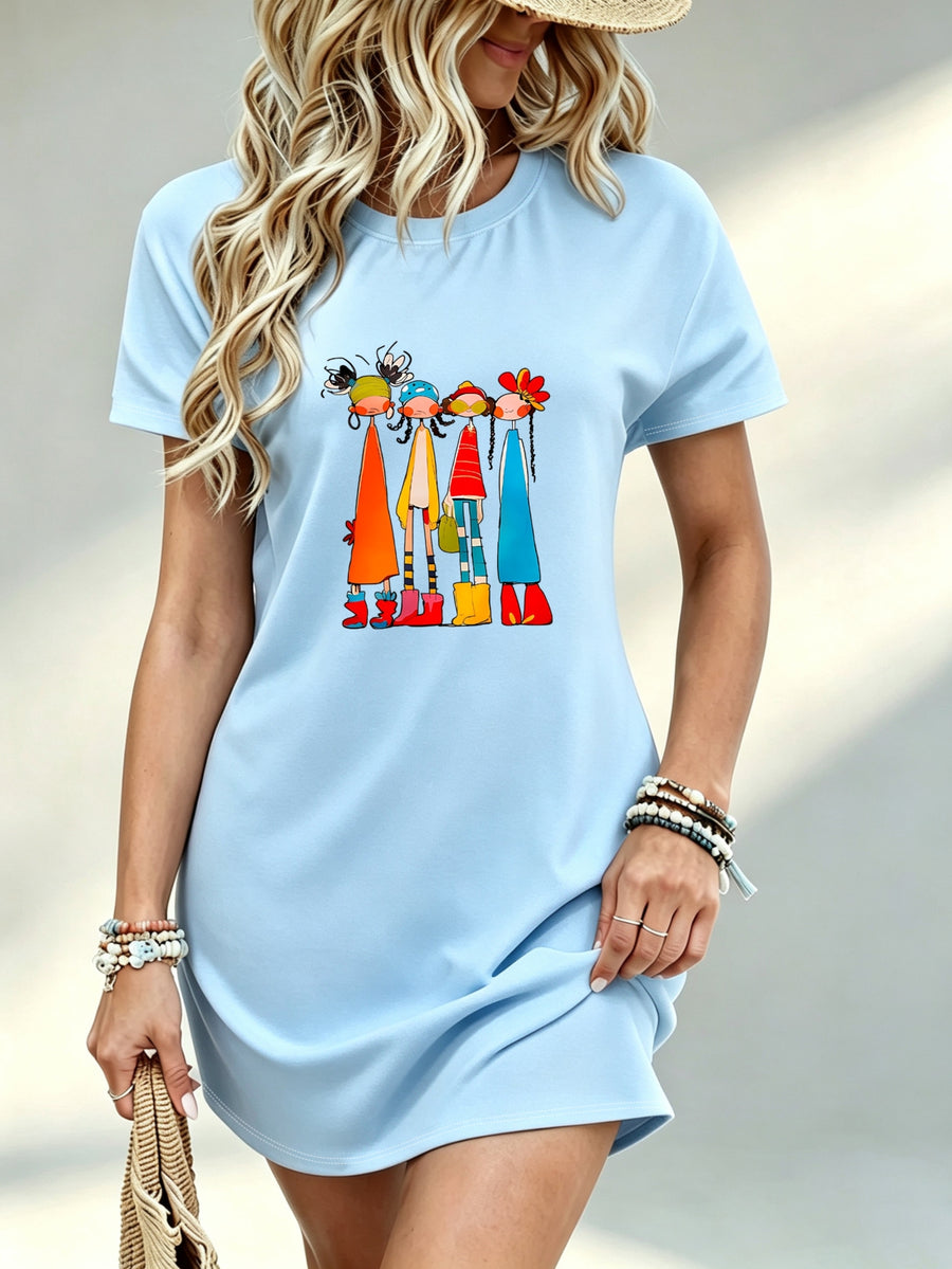 Printed Design - Not Textured, Casual Style, Women's Dress, Colorful Graphic Print, Summer Beach Outing, Gift for Friend Or Sister, 100% Polyester - Sky Blue