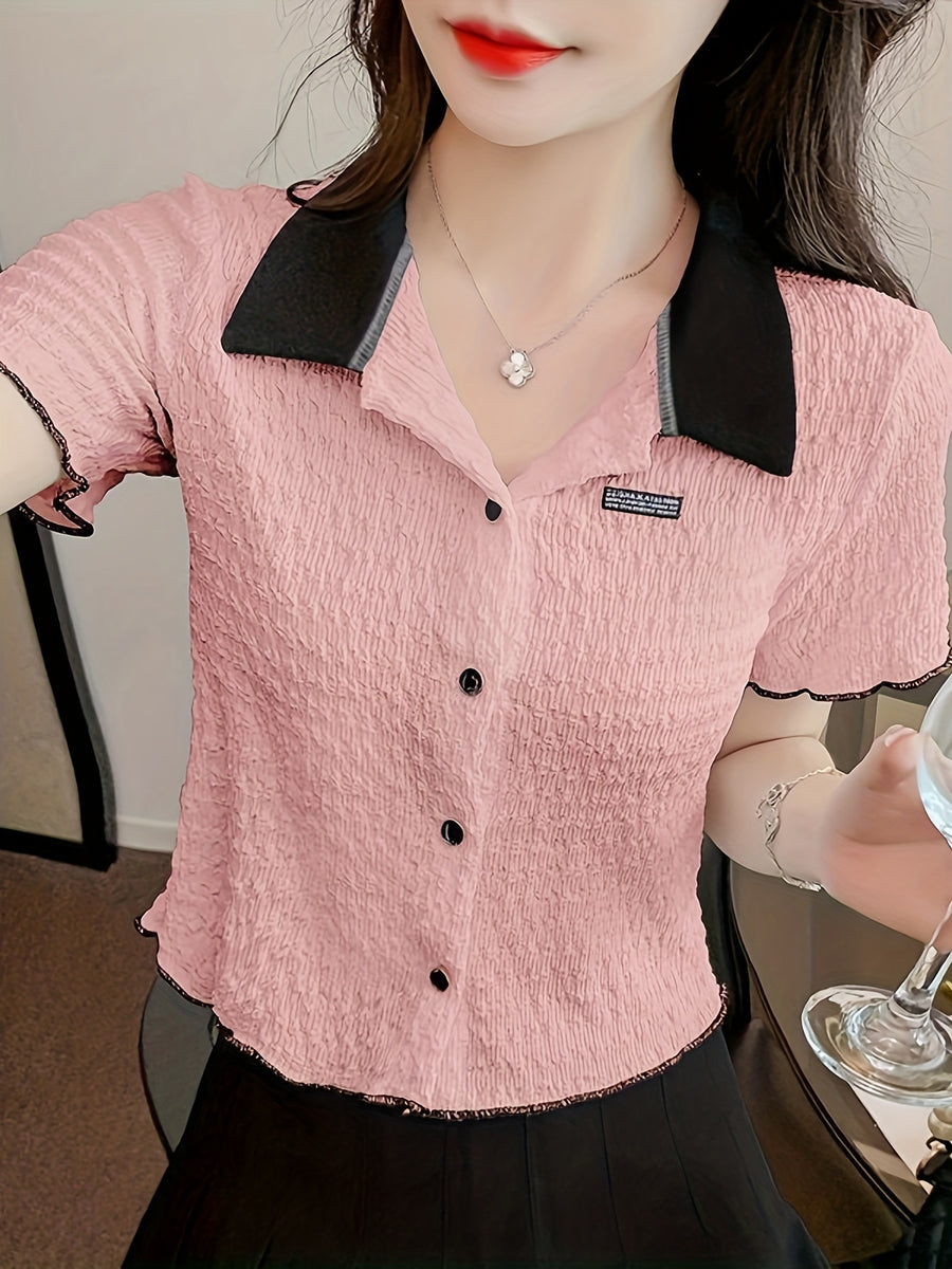 Women'S Short-Sleeved Polo Shirt with Collar, New French Style for Summer, with Pleats, Short Top with Buttons on The Front - pink color