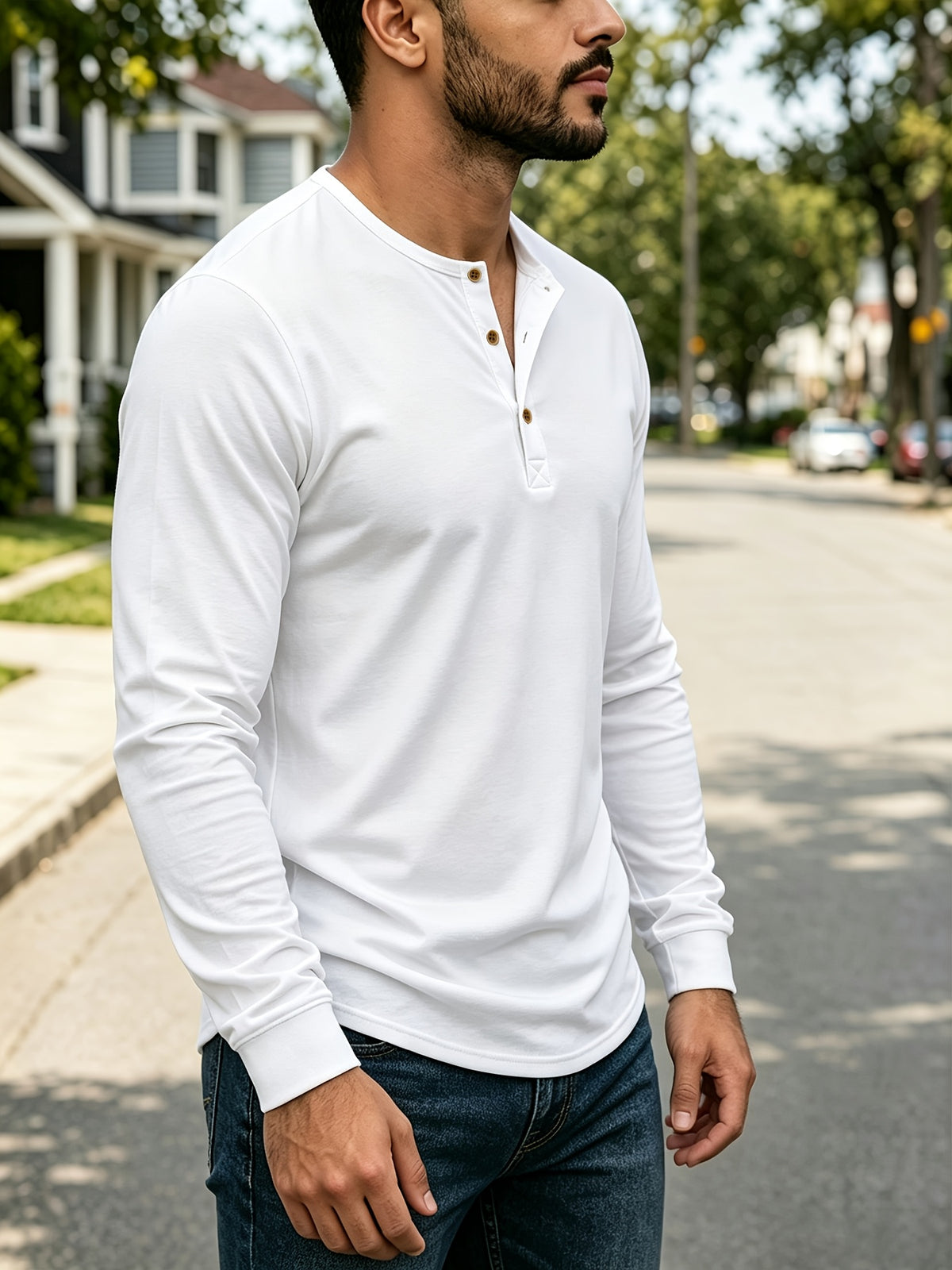 4pcs Set of Men's Spring, Autumn, and Winter Henley Neck Long-Sleeve T-Shirts, Breathable Vintage Casual Solid Color Half-Open Collar Tops, Comfortable and Versatile Base T-Shirts, Suitable for Daily Commuting, Light Business, Home, Sports - White+navy blue+black+green