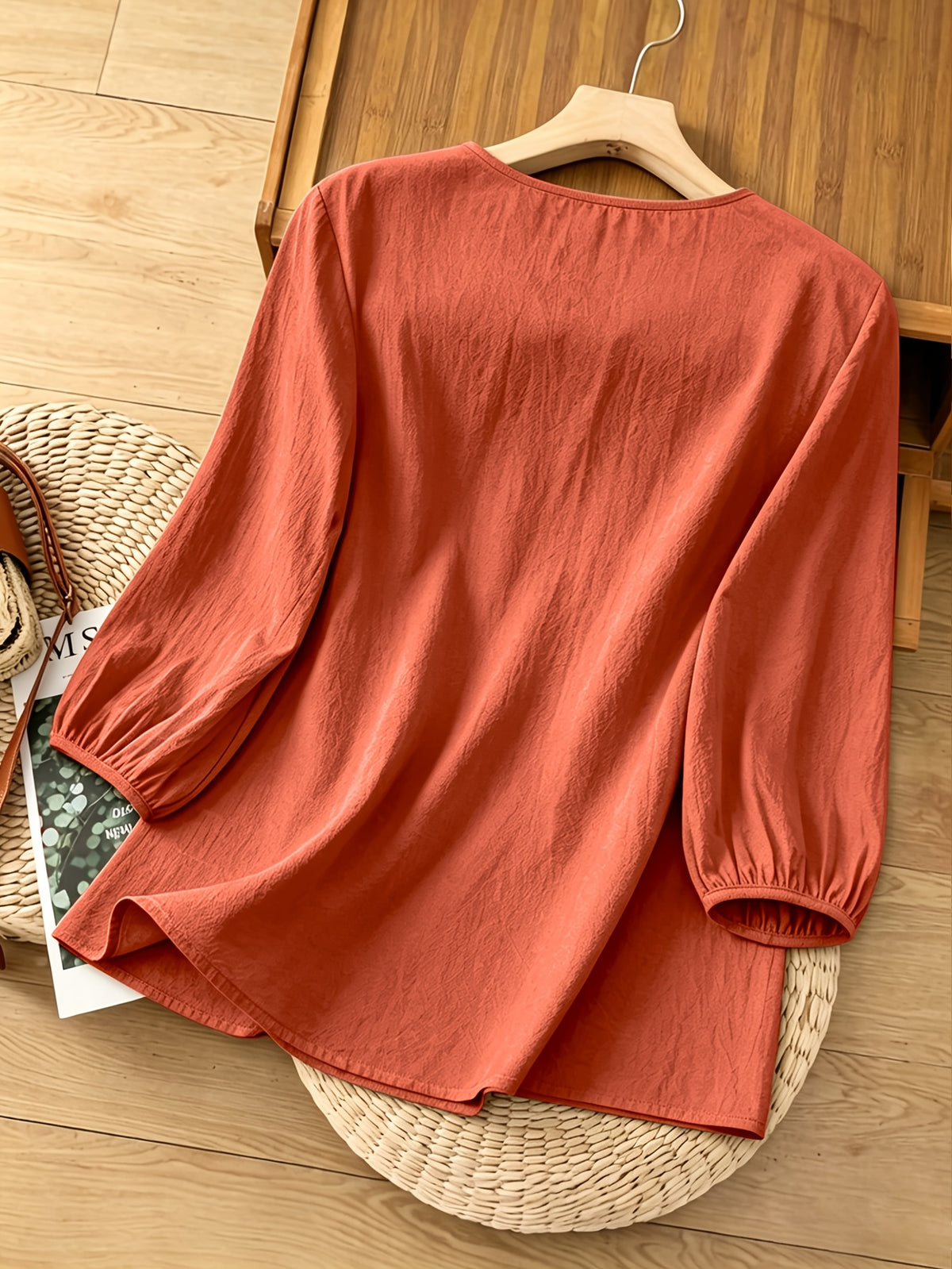 French-Style Gentle Textured Shirt with V-Neck, Lace Floral Design, Lantern Sleeves, Loose Fit, Relaxed Style, Versatile Daily Top - Watermelon Red