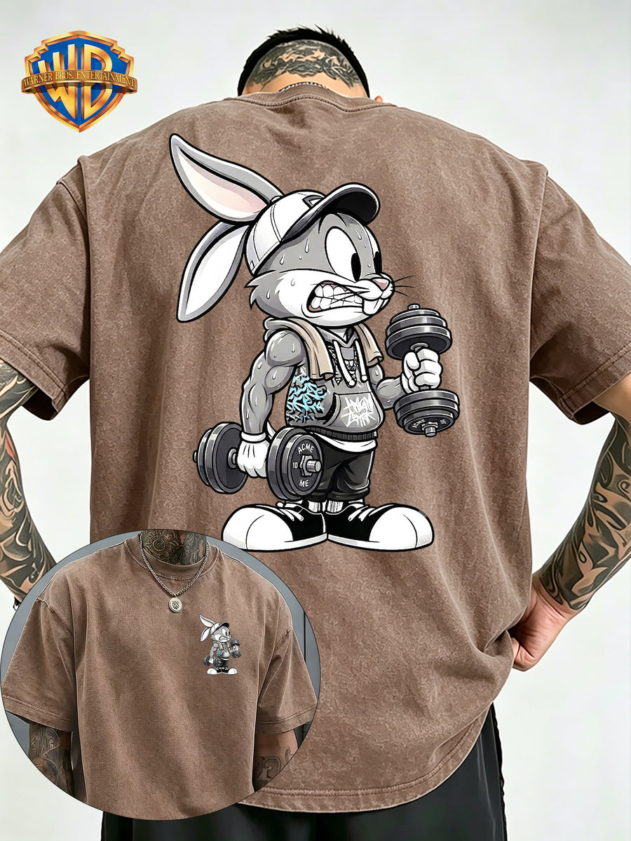 Fitness Weightlifting Rabbit Boggie Front And Back Double Print Washed T-Shirt, Washed Distressed Vintage Short Sleeve Style Le Yitong Anime Casual Top, Men'S 100% Washed Casual Comfortable Style Full Match Loose Summer Short Sleeve T-Shirt - Khaki