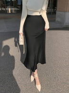 Spring/Summer Women's Slim-Fit Solid Color Satin Mermaid Skirt - Black
