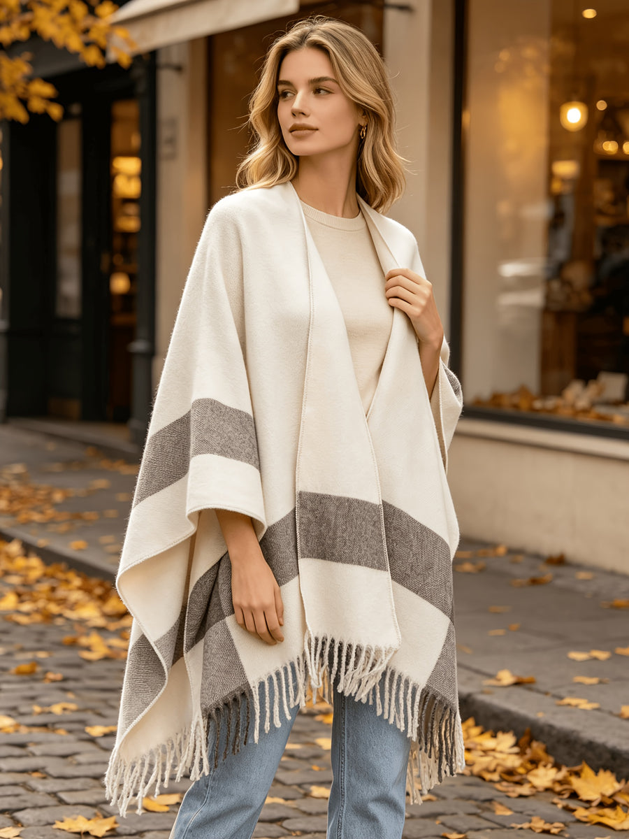 Women'S Striped Printed Cardigan Shawl, Bohemian Style Front-Open Jacket Casual Elegant Cape Sweater Suitable for Autumn Winter Evening Parties - Off-white