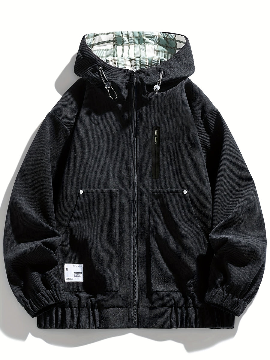 Corduroy Autumn Men'S Trendy Hooded Jacket Soft Fabric Casual Trench Coat Baseball Uniform Hooded Work Jacket 7758 - Black