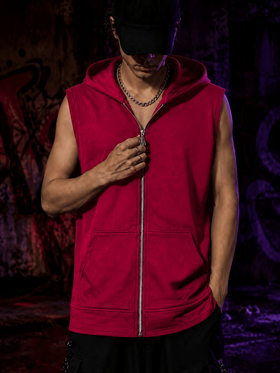 Men'S Sleeveless Hooded Zipper Sweatshirt, Skull Zipper Head Casual Vest - Red