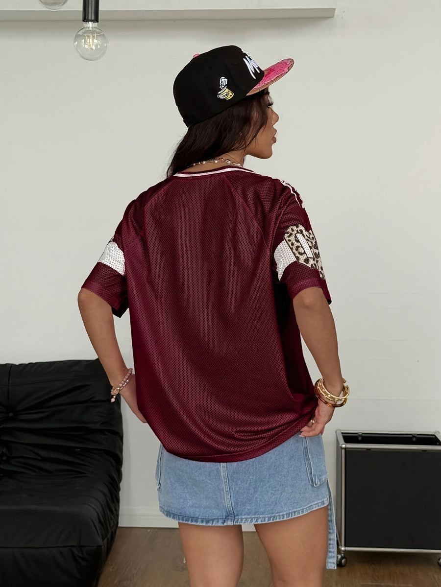 Women'S Street Music Festival All-Match Beach Track And Field Casual Athletic Tank Top Short Sleeve T-Shirt, Mesh Breathable Digital Print V-Neck Short Sleeve Athletic Top - Burgundy