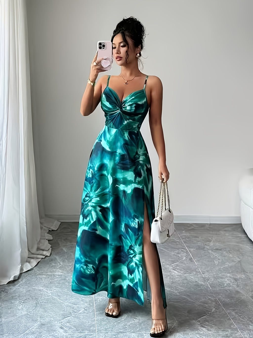 Women's Twisted Twill Front Panel, Waist-Cinching Slit Camisole Dress - Green