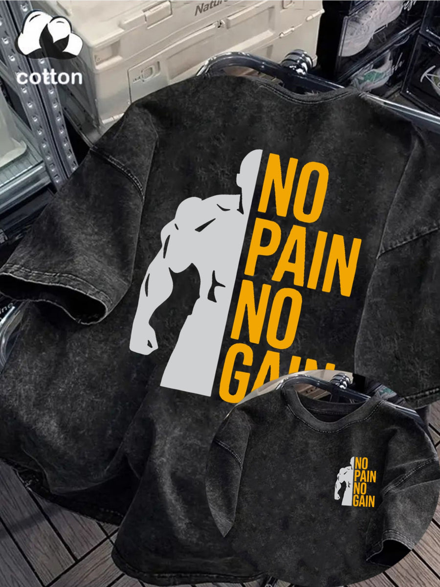 Washed Cotton Men's Short-Sleeve T-Shirt with "No Pain, No Gain" Graphic Design, Summer Versatile Pure Cotton Fashionable Casual Breathable Unisex Top, Suitable for Daily Outings, Leisure, and Sports - Black