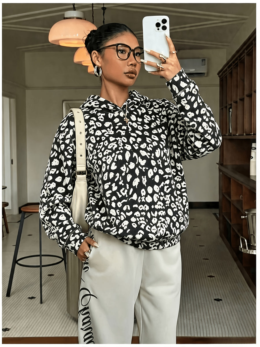 Women's Fashion Leopard Print Hoodie Sweatshirt - Black