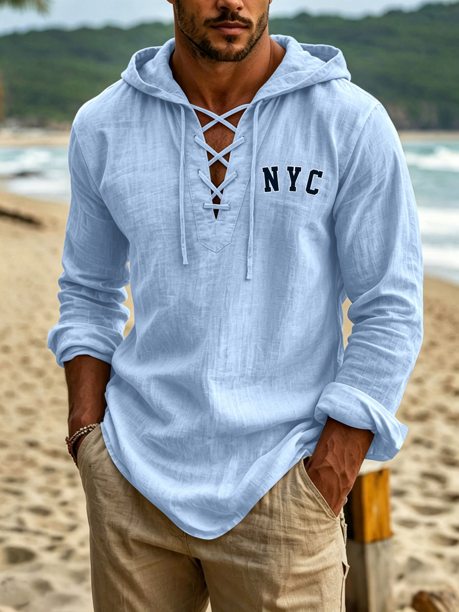 Urban Style Men'S Linen Long Sleeve Hooded Sweatshirt, NYC Chest Letter Print, Easy And Versatile, Individual Cross-Tie Neckline for Detail Expression, Classic Hooded Design, Suitable for All Outings - Sky Blue