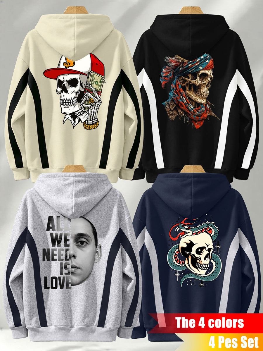 4pcs 2026 Autumn/Winter Men's Street Style Hooded Sweatshirt with Diagonal Contrast Color Line Cutting on Sleeves, Long Sleeves, Adjustable Drawstring, Large Capacity Kangaroo Pocket for Phone Storage, Skin-Friendly and Warm, Versatile Pullover - Apricot + Navy Blue + Gray + Black