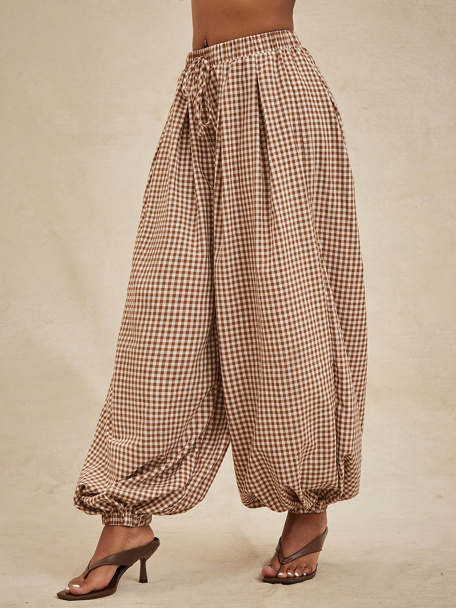 High-waisted Elastic Drawstring Plaid Loose-fit Cuffed Lantern Casual Pants, Made of Lightweight, Smooth, and Breathable Fabric. Wide-leg Design Helps Conceal and Slim the Figure, Offering a Relaxed Vintage Look. Perfect for Daily Wear - Khaki