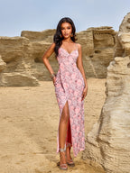 This Women'S Stylish Mesh Printed Backless Long Slip Dress with High Slits Is Perfect for Everyday Wear And Special Occasions, Ideal for Spring And Summer Vacations - pink color