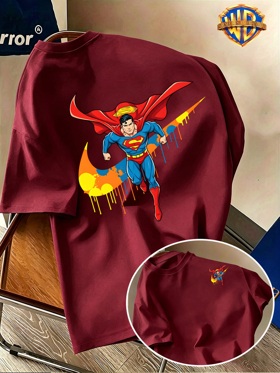 Back-To-School Season Warner Authorized, Men'S Casual T-Shirt, Soft Breathable Fabric Lightweight Short Sleeve, DC Genuine Superman Dynamic Flying Pose Colorful Resin Drop Trendy Print, Lightweight Comfortable Fit - Burgundy