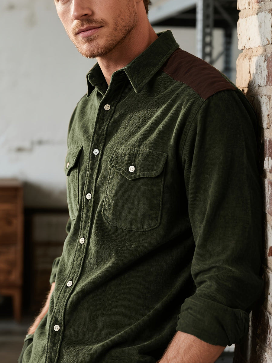 Men'S Retro Corduroy Shirt - Casual Long Sleeve Pocket Shirt, Brown Retro Style Jacket, Suitable for All Seasons, Lapel Design, Loose Fit Suitable for Layering Or Wearing Alone - fern green