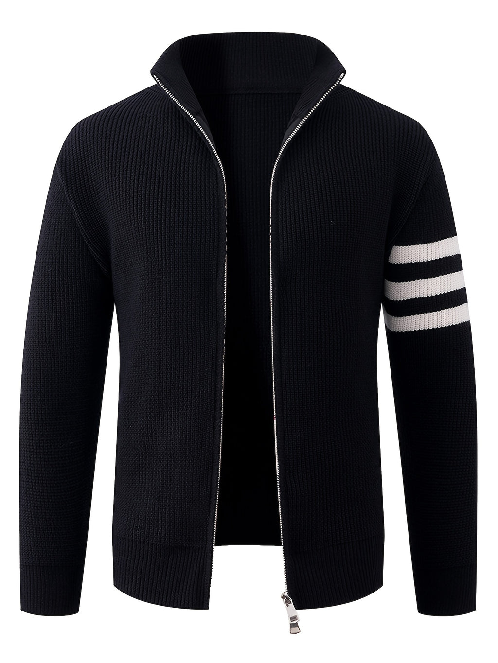 Autumn/Winter New Arrival Half-Turtleneck Striped Knit Cardigan Sweater for Men, Relaxed Style Pullover Jacket Top - Black